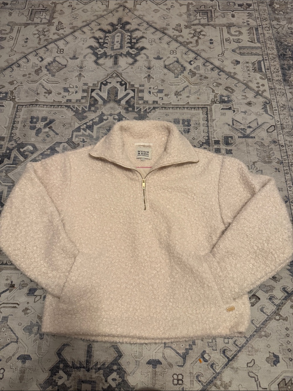 Scotch & Soda Cream Boucle Teddy Quarter Zip Pullover Sweater XS